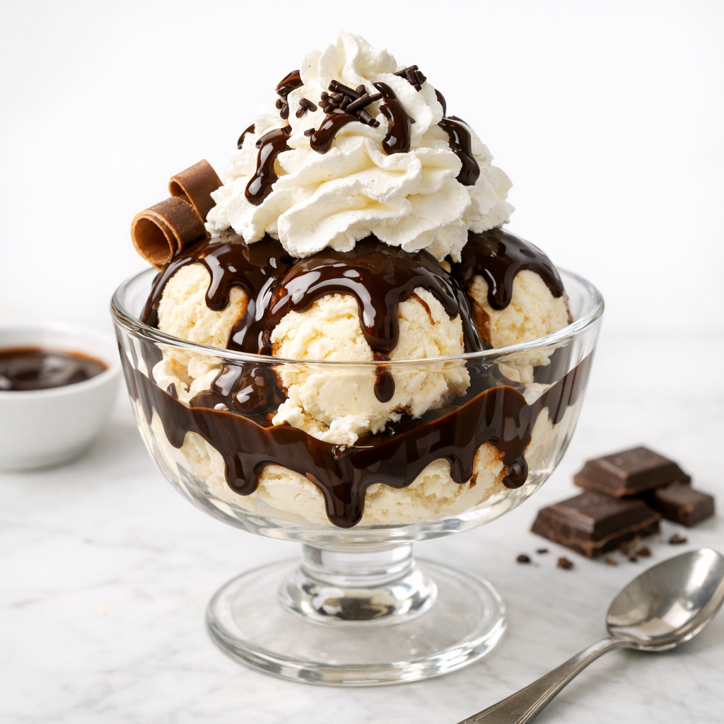 Hausgemachtes Vanilleeis "Bourbon" aus Madagascar mit heisser Schokoladensauce