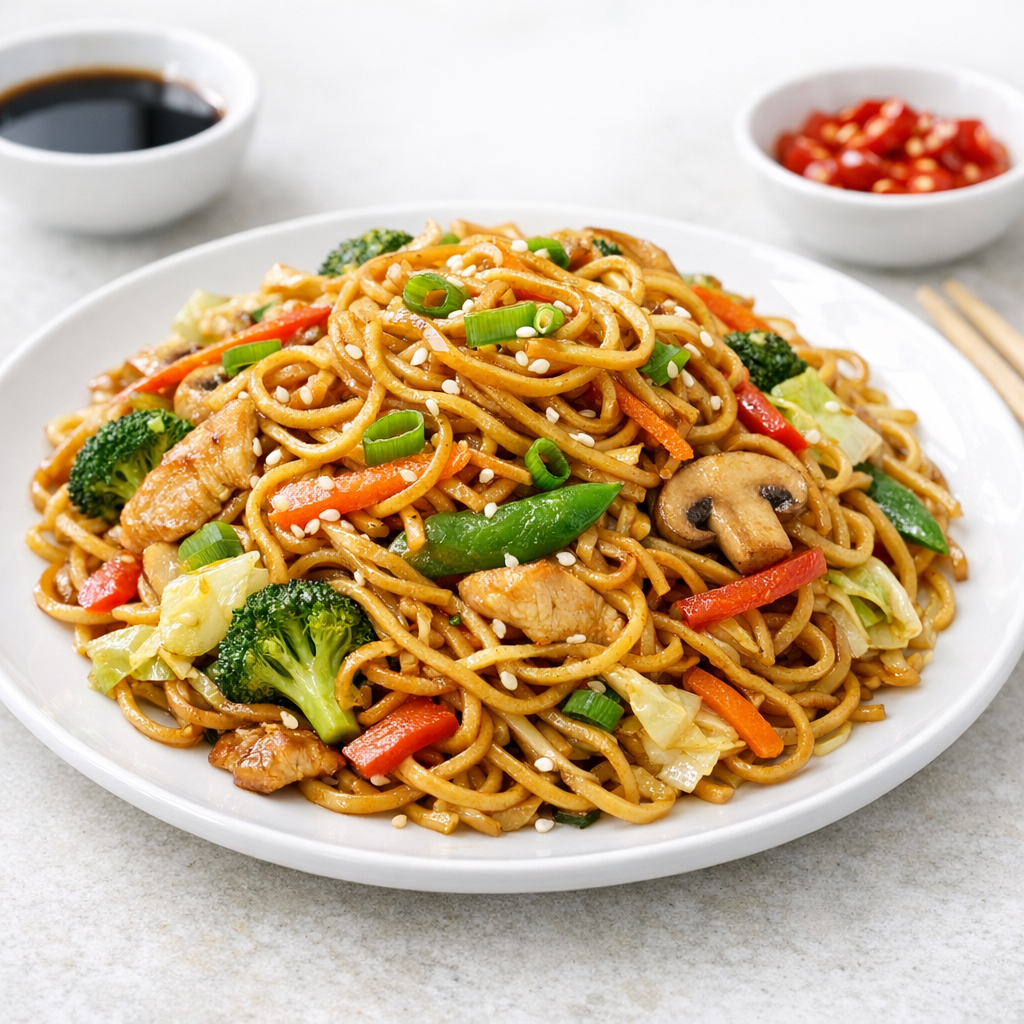 Tallarines fritos con pollo