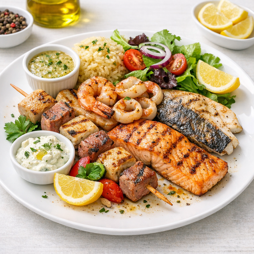 Gemischte Fische und Meeresfrüchte vom Grill