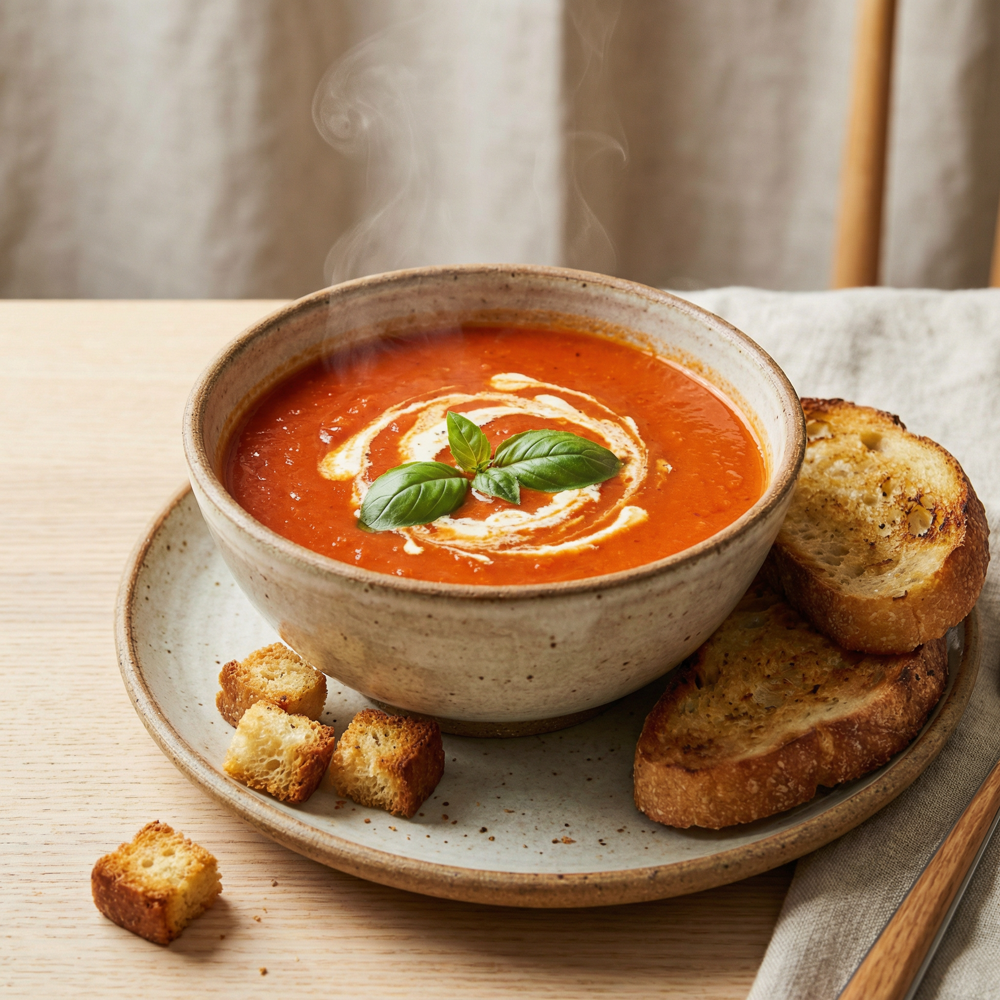 Karotten-Tomaten-Cremesuppe, Basilikum-Crostini