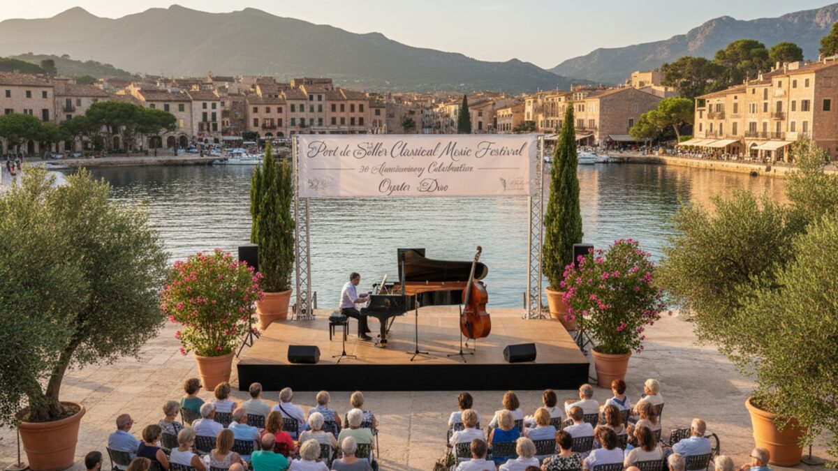 Bühne mit Klavier und Kontrabass bei 20-jährigem Klassikfestival in Port de Sóller vor malerischem Hafen und Publikum