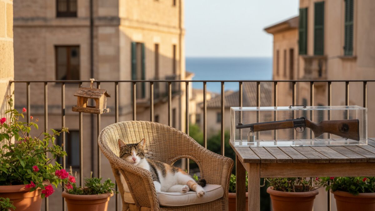 Katze auf Terrasse in Palma mit verletztem Bein und ein sichergestelltes Luftgewehr auf einem Tisch