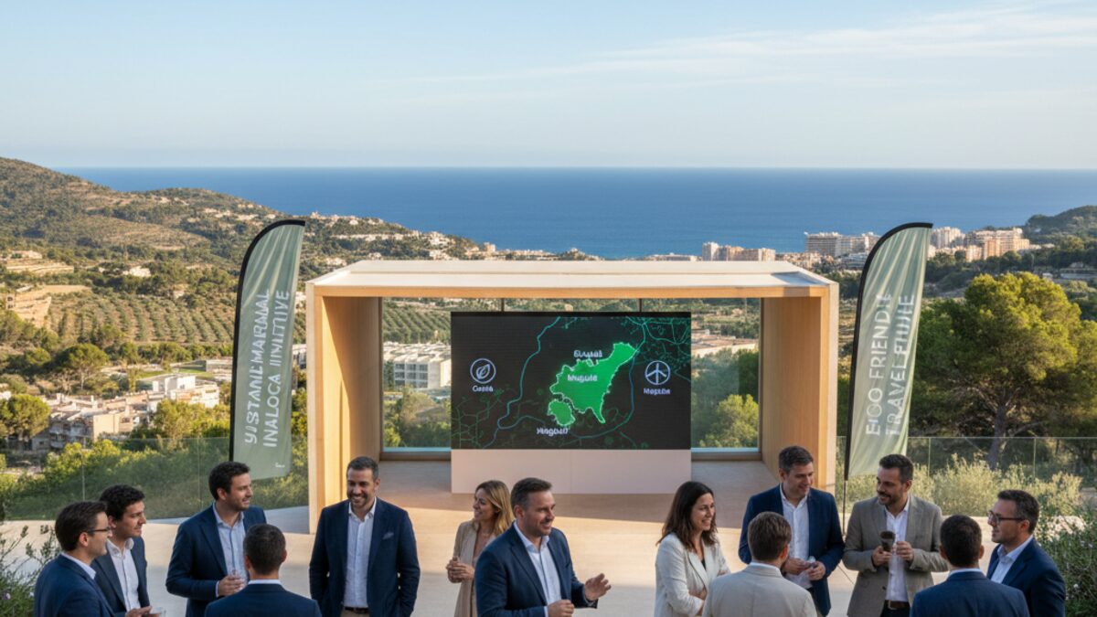 Professionelle Delegierte diskutieren bei der ABTA-Konvention 2025 auf Mallorca vor mediterraner Küstenlandschaft über nachhaltigen Tourismus