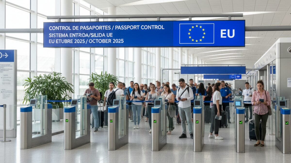 Moderne Grenzkontrolle am Flughafen Palma mit automatisierten Gates und wartenden Reisenden im hellen Flughafenbereich.