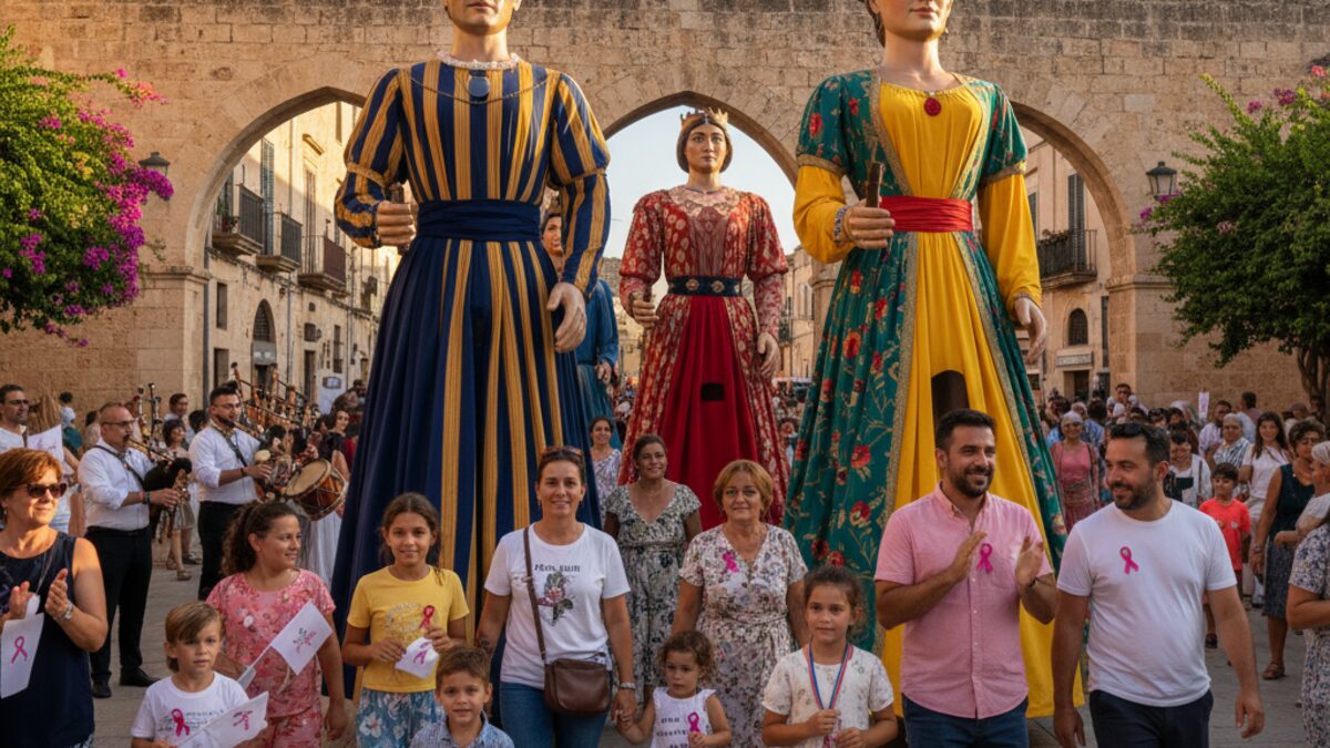 Festlicher Umzug mit traditionellen Gegants-Figuren und einer vielfältigen Menschenmenge bei kulturellem Solidaritätslauf in Alcúdia, Mallorca