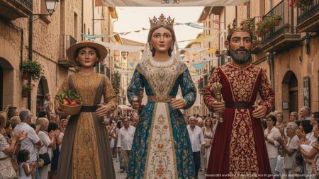 Alcúdias Feria mit traditionellen Riesen als zentrales Highlight Traditionelle Riesenfigur beim Festzug auf der Feria von Alcúdia, umgeben von festlichen Dekorationen und fröhlichen Menschen in einer mediterranen Straßenszenerie