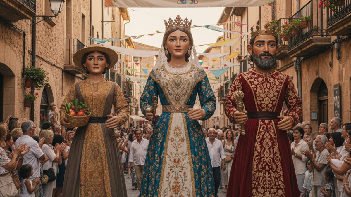 Traditionelle Riesenfigur beim Festzug auf der Feria von Alcúdia, umgeben von festlichen Dekorationen und fröhlichen Menschen in einer mediterranen Straßenszenerie