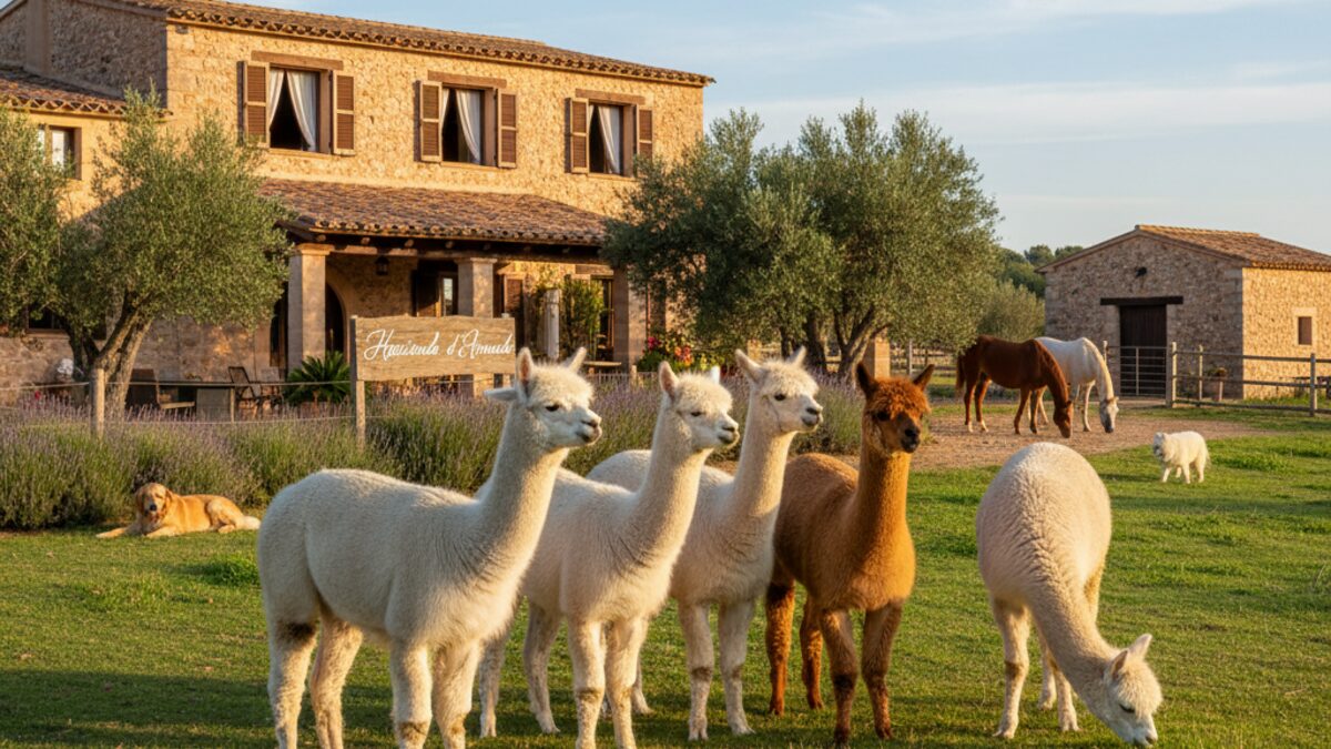 Alpaka-Finca Hacienda d'Armado auf Mallorca mit Alpakas und Pferden in ländlicher Umgebung bei Sonnenschein
