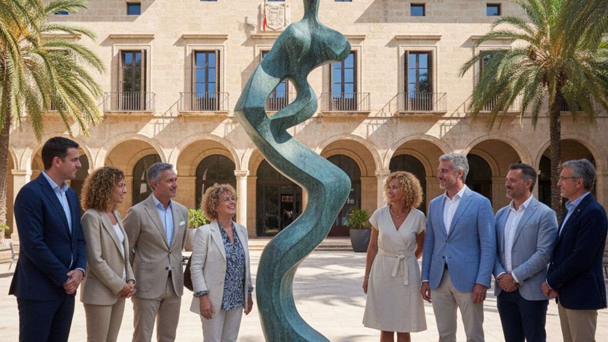 Übergabe der bronzenen Skulptur Primavera von Amparo Alegría vor dem Rathaus von Calvià an einem sonnigen Tag