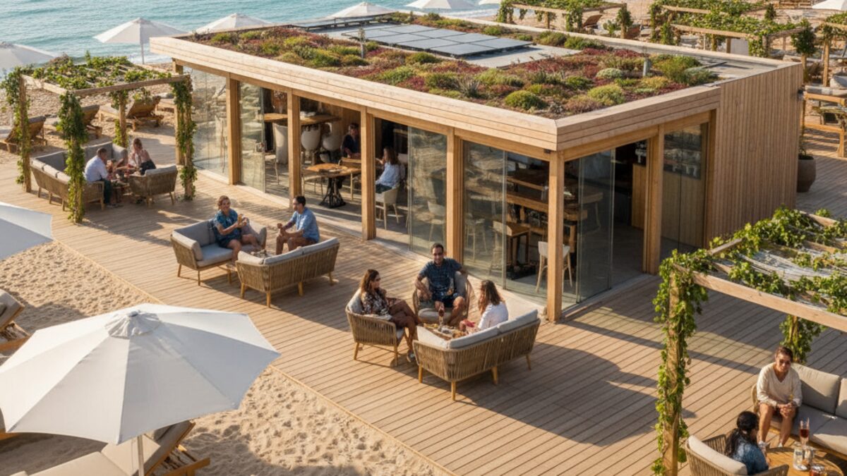 Ästhetischer Strandbar Ánima Beach mit Terrasse und Liegestühlen an der Promenade von Palma de Mallorca mit Blick auf die Kathedrale