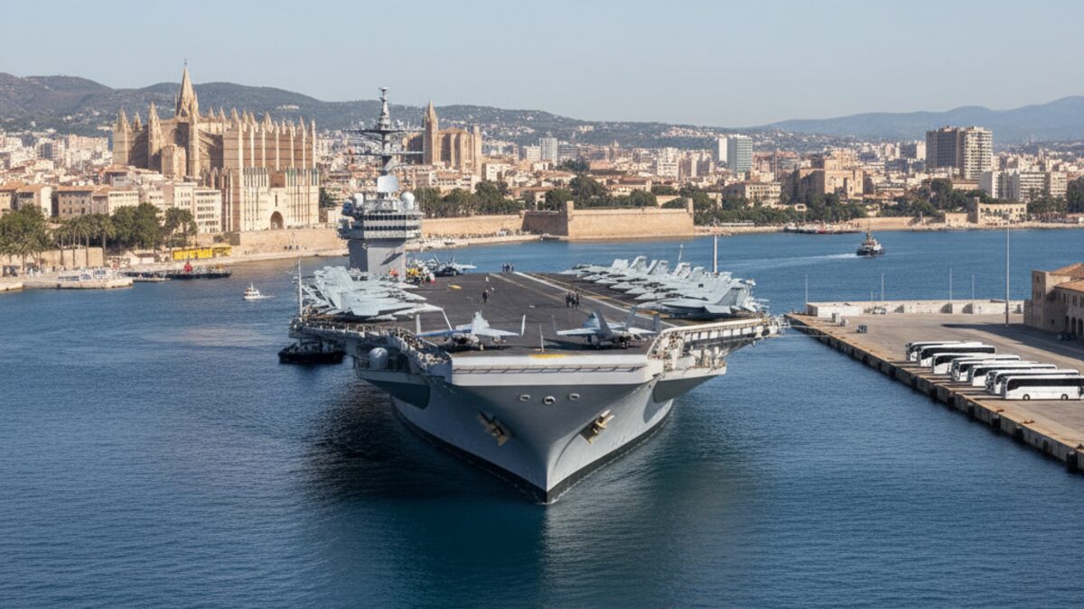 Die USS Gerald R. Ford, größter Flugzeugträger der Welt, nähert sich dem Hafen von Palma de Mallorca mit mehreren Kampfjets an Bord unter klarem Himmel