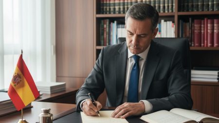 Anwalt aus Palma verteidigt sich gegen schwere Vorwürfe Professioneller Anwalt in einem modernen Büro bei der handschriftlichen Verteidigung gegen schwere Vorwürfe in Palma, Spanien