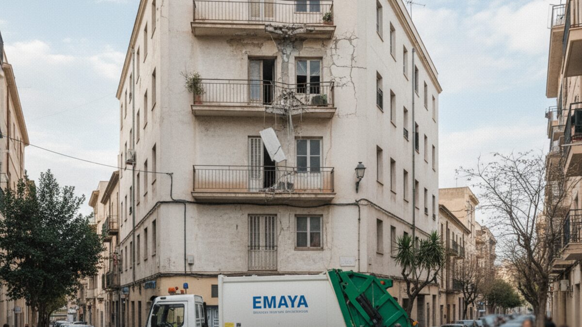 Fassadenschaden und beschädigter Balkon eines Wohngebäudes in Palma nach Müllwagens Unfall im Viertel Pere Garau