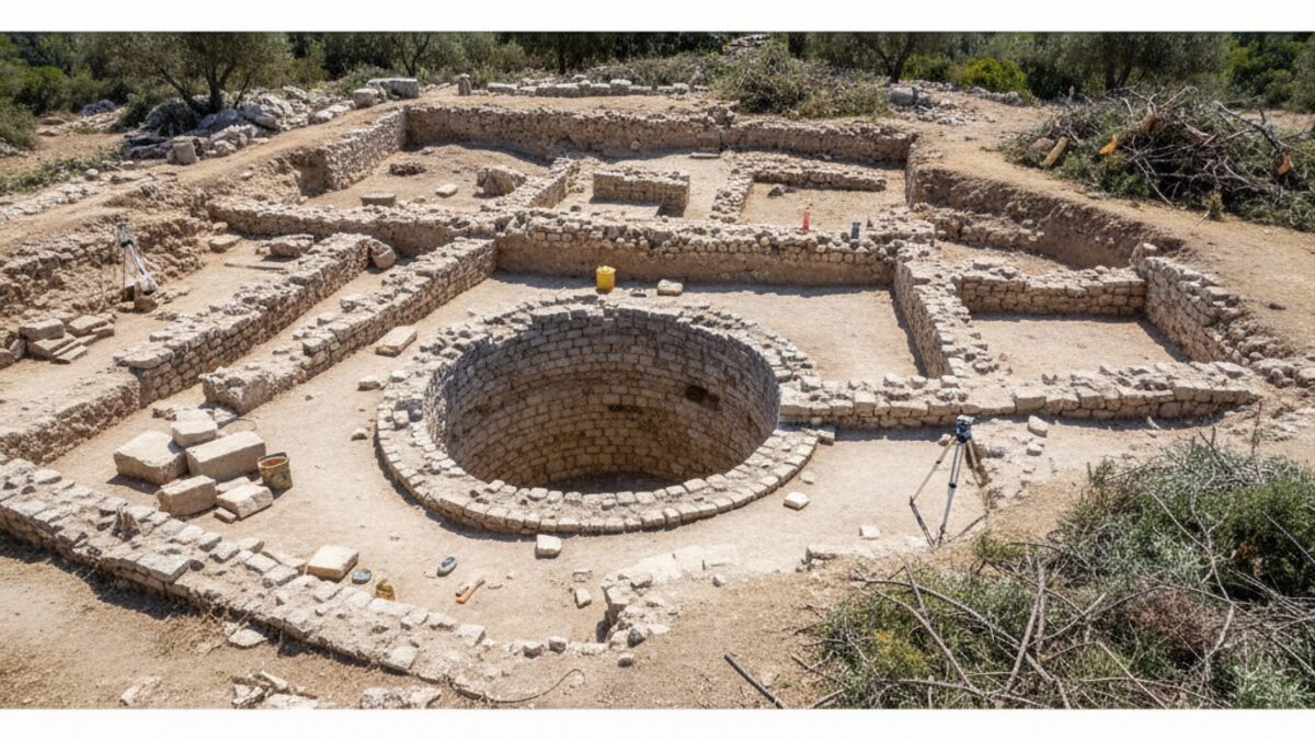 Archäologische Ausgrabungen mit neu entdeckten Strukturen und tiefem Wasserspeicher am Castell d'Alaró auf Mallorca bei klarem Tageslicht