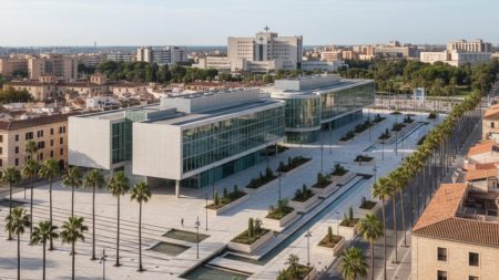 Architekturwettbewerb für neues Messegelände in Palma beendet Modernes Messezentrum mit Glasfassade in Palma, repräsentativ für neuen Architekturwettbewerb und Stadtentwicklung