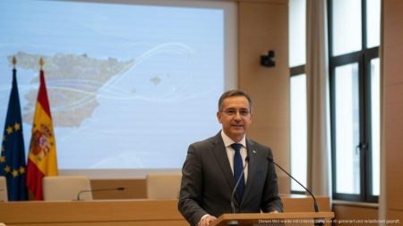 Politische Sitzung zur Verteidigung der Migrationspolitik auf den Balearen mit neutraler Person am Rednerpult und Hintergrund mit spanischer und balearischer Flagge