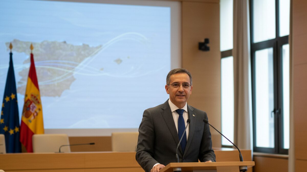 Politische Sitzung zur Verteidigung der Migrationspolitik auf den Balearen mit neutraler Person am Rednerpult und Hintergrund mit spanischer und balearischer Flagge