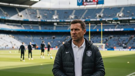 Trainer Jagoba Arrasate steht nachdenklich am Spielfeldrand und blickt konzentriert auf das Fußballfeld mit Verletzungssorgen vor dem Spiel gegen Athletic Bilbao