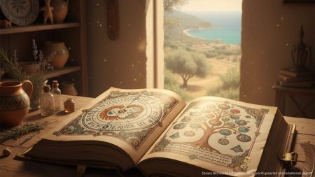 „Ars Occulta“: Mallorcas Okkultismus und Ramón Llulls Erbe Geöffnetes altes Manuskript auf einem hölzernen Tisch in einem rustikalen Raum mit mediterranem Hintergrund, das das Erbe von Ramón Llull und den Okkultismus auf Mallorca symbolisiert