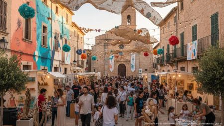 Kunstfestival ARTINSAL 2025 zieht nach Ses Salines Lebendige Straßenszene beim ARTINSAL 2025 Kunstfestival in Ses Salines mit Kunstinstallationen und Besuchern in historischem Ambiente