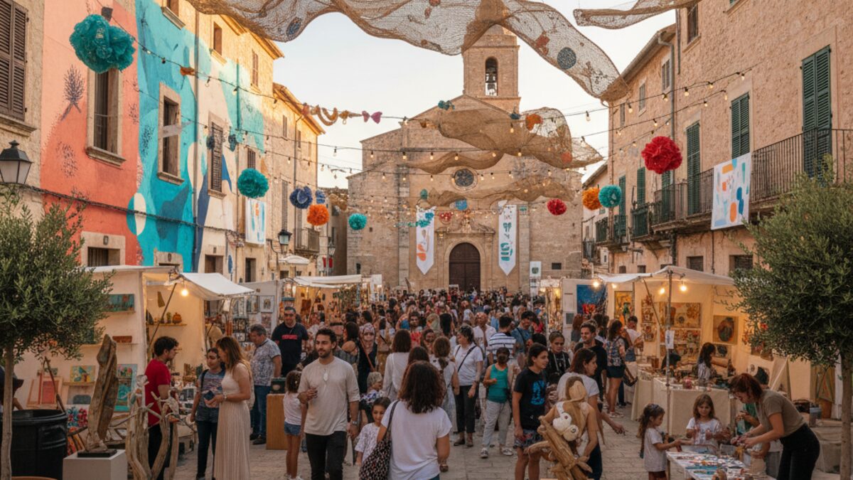 Lebendige Straßenszene beim ARTINSAL 2025 Kunstfestival in Ses Salines mit Kunstinstallationen und Besuchern in historischem Ambiente