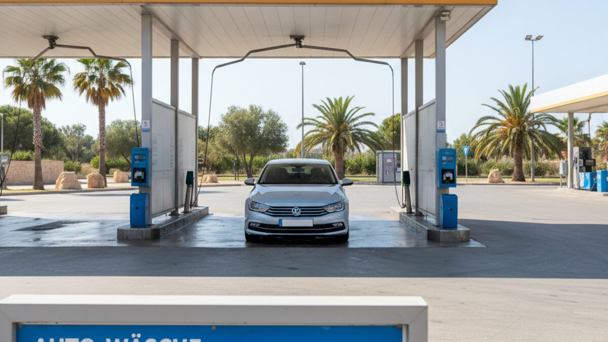 Moderne Autowaschstation auf Mallorca mit sauberem Auto in Waschbox und einem Preisschild für günstige Waschangebote