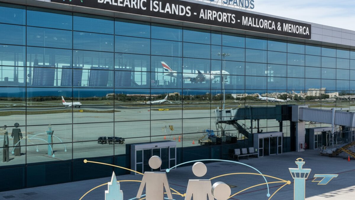 Moderner Flughafen der Balearen mit Symbolen für regionale Zusammenarbeit und Co-Verwaltung im Vordergrund