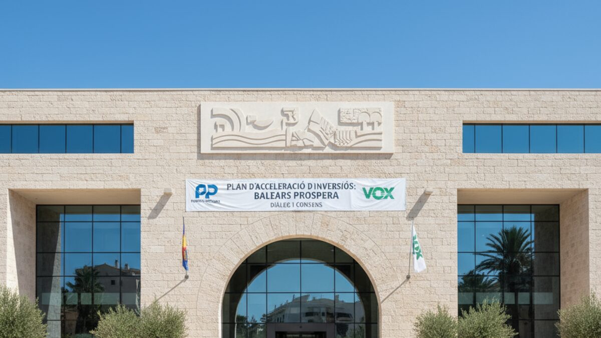 Parlamentsgebäude auf den Balearen bei klarem Himmel symbolisiert politische Spannungen zwischen PP und Vox über Investitionsplan