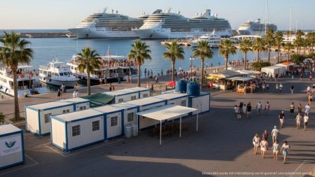 Baleares debattiert über Tourismus- und Migrationsprobleme Hafen der Balearischen Inseln mit Touristenbooten und temporären Unterkünften für minderjährige Migranten im Vordergrund