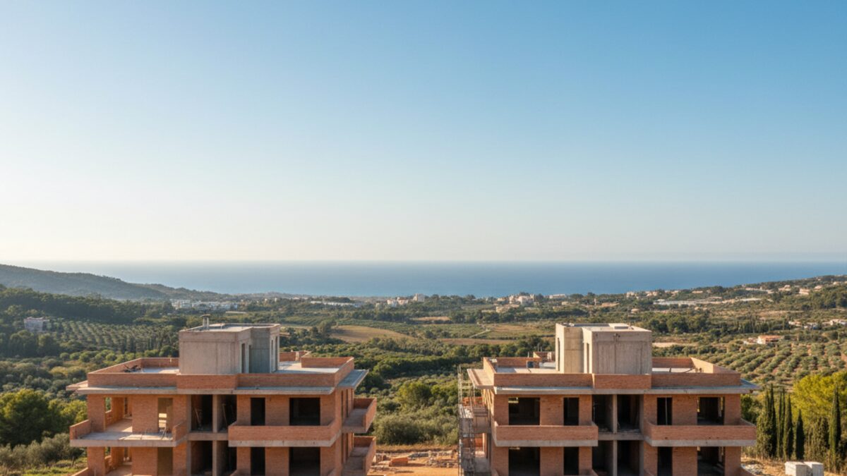 Moderner sozialer Wohnungsbau in Bau auf den Balearen mit Bauarbeitern und mediterraner Landschaft im Hintergrund