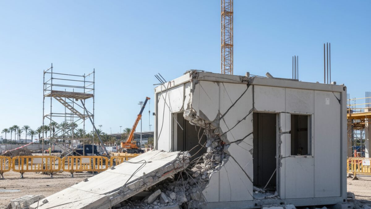 Eingestürzte Mauer an einer Baustelle des Flughafens Mallorca beschädigt Fertigbaumodul, Baustelle mit gestoppter Arbeit im Hintergrund
