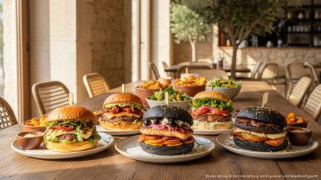 Mallorca kürt den besten Burger der Balearischen Inseln Nahaufnahme eines Gourmet-Burgers mit mediterranen Zutaten auf einer modernen Restaurantplatte, beste Burger der Balearen