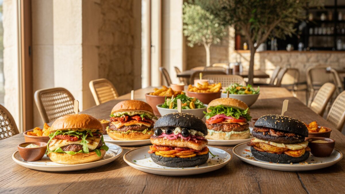 Nahaufnahme eines Gourmet-Burgers mit mediterranen Zutaten auf einer modernen Restaurantplatte, beste Burger der Balearen