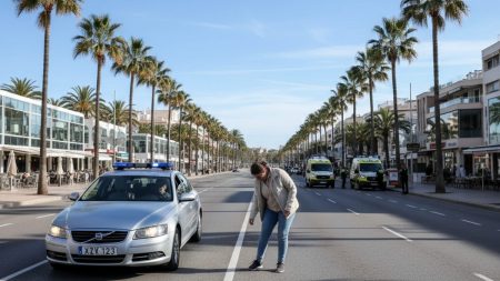 Betrunkene Frau auf Palmas Promenade von Auto erfasst Unfall an der Meerespromenade von Palma mit einer betrunkenen Frau und einem Auto mit schwedischem Kennzeichen, umgeben von Rettungskräften