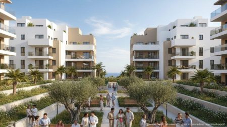 Moderner Wohnungsbau auf den Balearen mit bezahlbaren Wohnungen und Gemeinschaftsbereich unter blauem Himmel