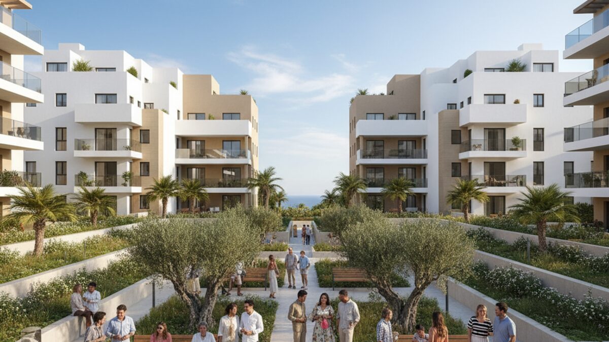 Moderner Wohnungsbau auf den Balearen mit bezahlbaren Wohnungen und Gemeinschaftsbereich unter blauem Himmel