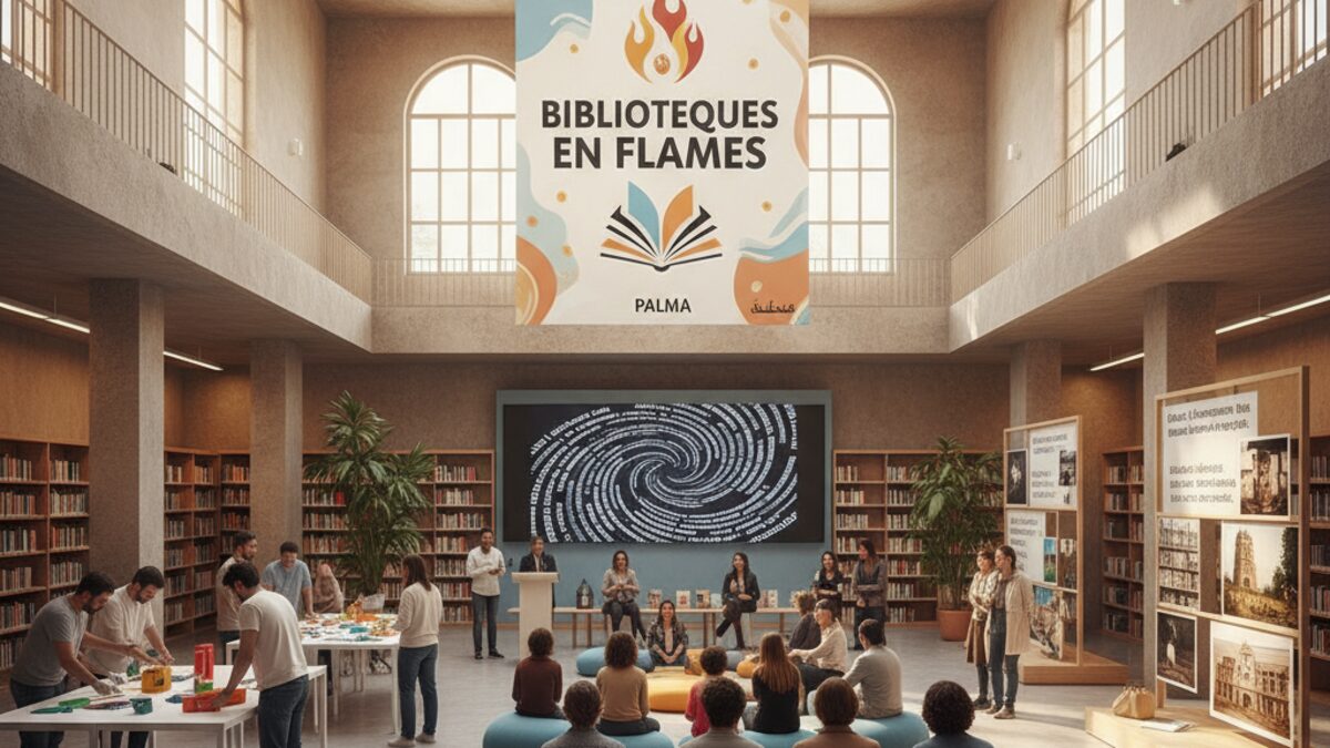 Das Kunstprojekt ‚Biblioteques en flames‘ in Palma zeigt Menschen bei Workshops und Kunstinstallationen in modernen öffentlichen Bibliotheken