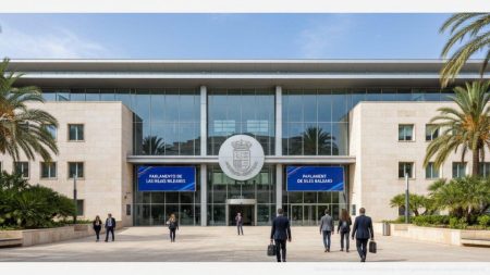 Fassade des Parlaments der Balearen mit sichtbarer spanischer und katalanischer Sprache als Symbol für die Einführung des Bilingualismus