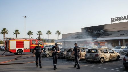 Supermarktparkplatz in Cala Millor nach Brand mit beschädigten Fahrzeugen und Guardia Civil bei der Untersuchung
