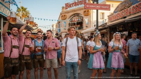 Britische Urlauberin überrascht von der Ballermann-Kultur auf Mallorca Tourist beobachtet lebhafte Partystraße Schinkenstraße am Ballermann auf Mallorca während Oktoberfest-Stimmung