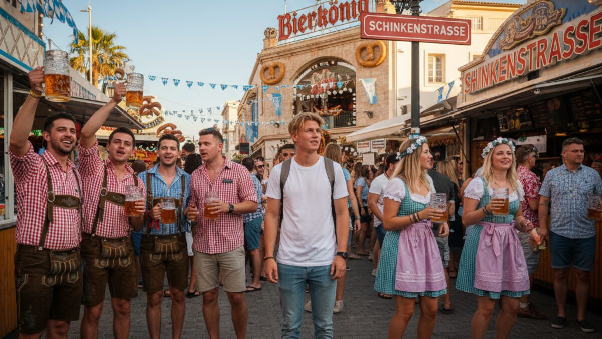 Tourist beobachtet lebhafte Partystraße Schinkenstraße am Ballermann auf Mallorca während Oktoberfest-Stimmung