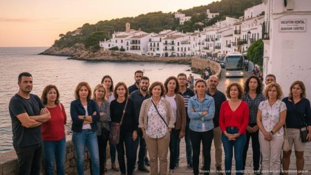 Bürgerunzufriedenheit auf den Balearen über Tourismus wächst Ein realistisches Bild einer vielfältigen Gruppe von Einwohnern der Balearen, die besorgt in einer Küstenstadt mit mediterraner Architektur über den Einfluss des Tourismus nachdenken