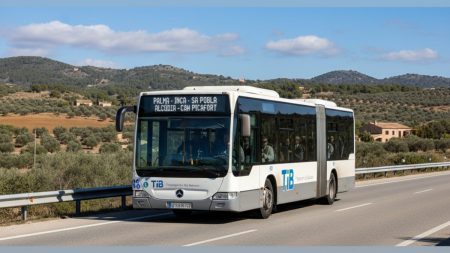 Öffentlicher Bus der Linie 302 auf Mallorca fährt abweichend von der vorgesehenen Route nahe Sa Pobla am Morgen mit besorgten Fahrgästen sichtbar durch die Fenster.