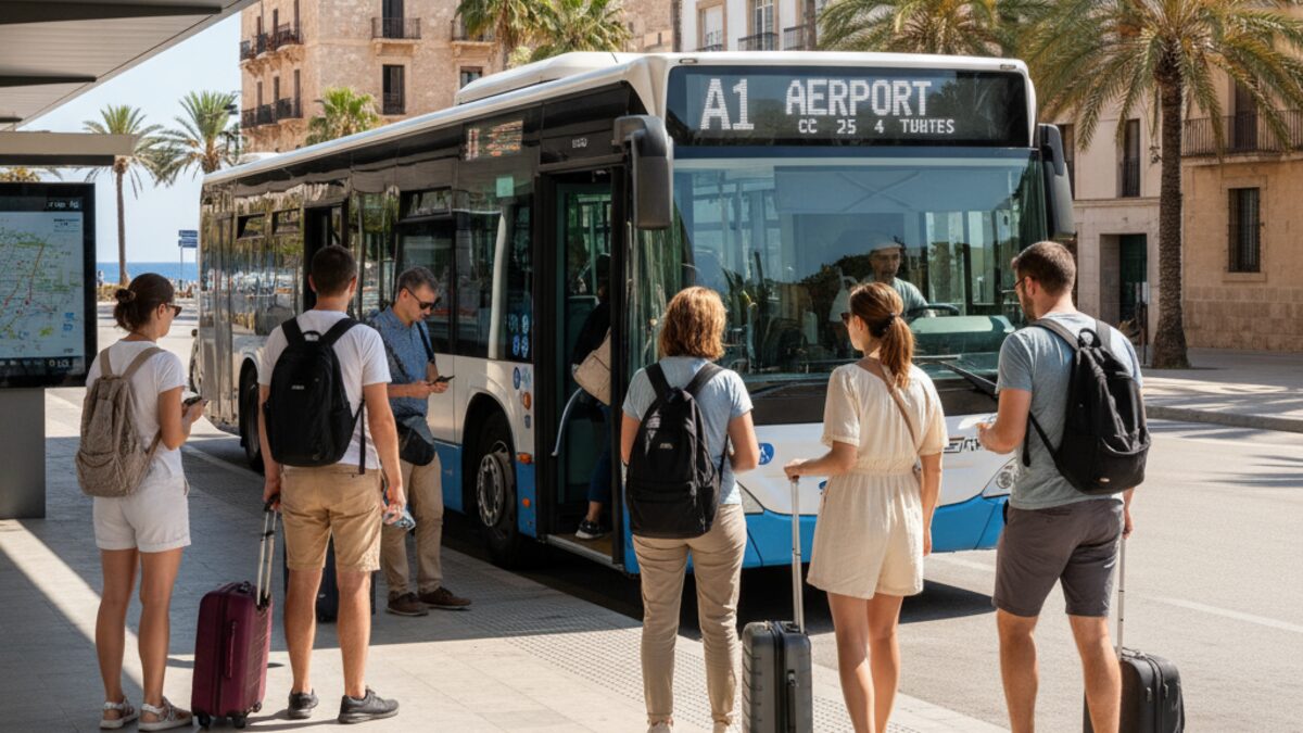 Städtischer Bus an einer Haltestelle in Palma de Mallorca mit Reisenden und Touristen, die verschiedene Buslinien nutzen