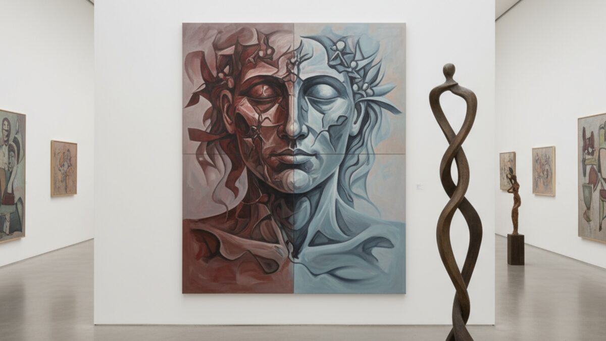Ausstellung im CaixaForum Palma mit abstrakten Gemälden und Skulpturen von Javier und Rafa Forteza, die rätselhafte menschliche Gesichter und abstrakte Formen zeigen