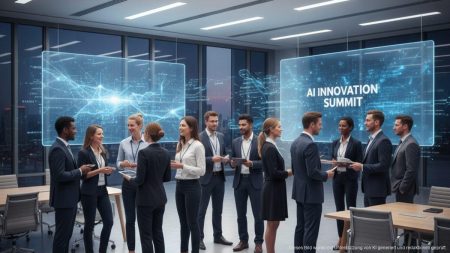 Geschäftsleute bei einem Networking-Event in Calvià mit Fokus auf Künstliche Intelligenz in einem modernen Konferenzraum