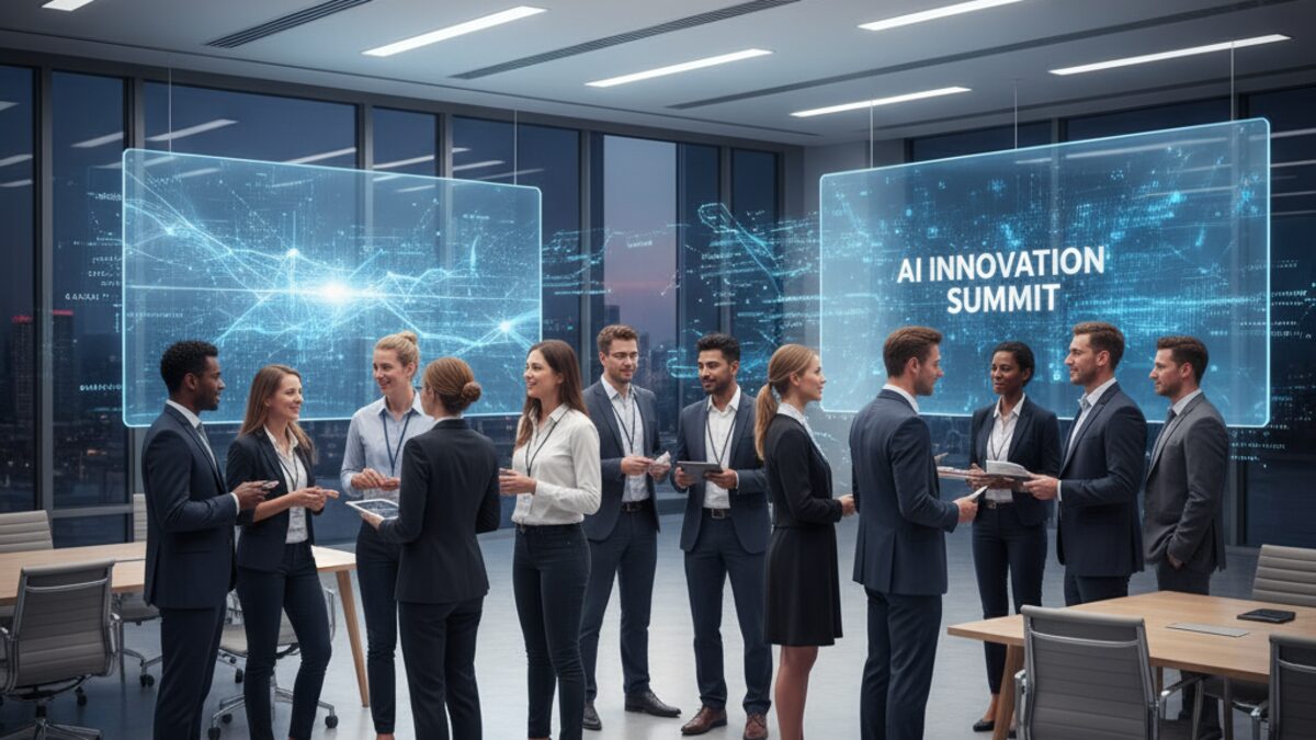Geschäftsleute bei einem Networking-Event in Calvià mit Fokus auf Künstliche Intelligenz in einem modernen Konferenzraum