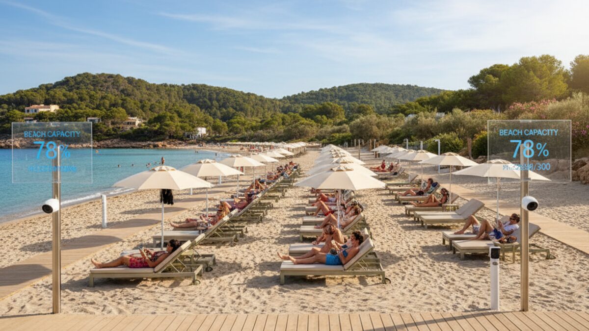 Moderner Strand in Calvià mit Smart-Technologie zur Echtzeitüberwachung der Strandbelegung