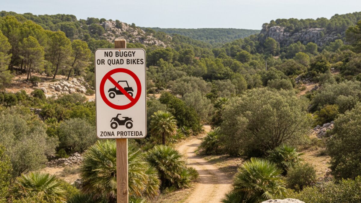 Verbotsschild für Buggy- und Quad-Fahrten auf einem ländlichen Weg in einem Naturschutzgebiet auf Mallorca