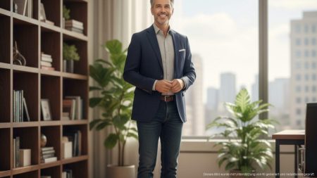 Catalina Cirer symbolisiert den Übergang von der Politik zur Wirtschaft in einem modernen Büro, freundlich und hoffnungsvoll